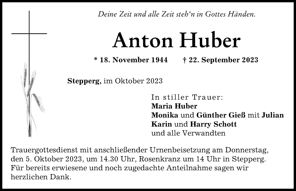  Traueranzeige für Anton Huber vom 02.10.2023 aus Neuburger Rundschau