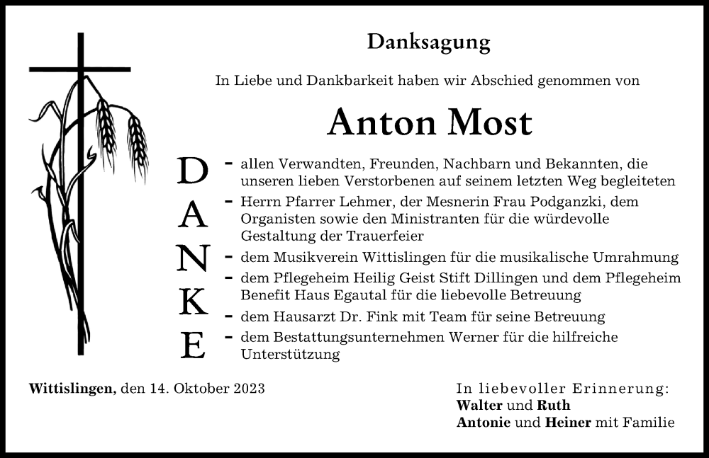  Traueranzeige für Anton Most vom 14.10.2023 aus Donau Zeitung