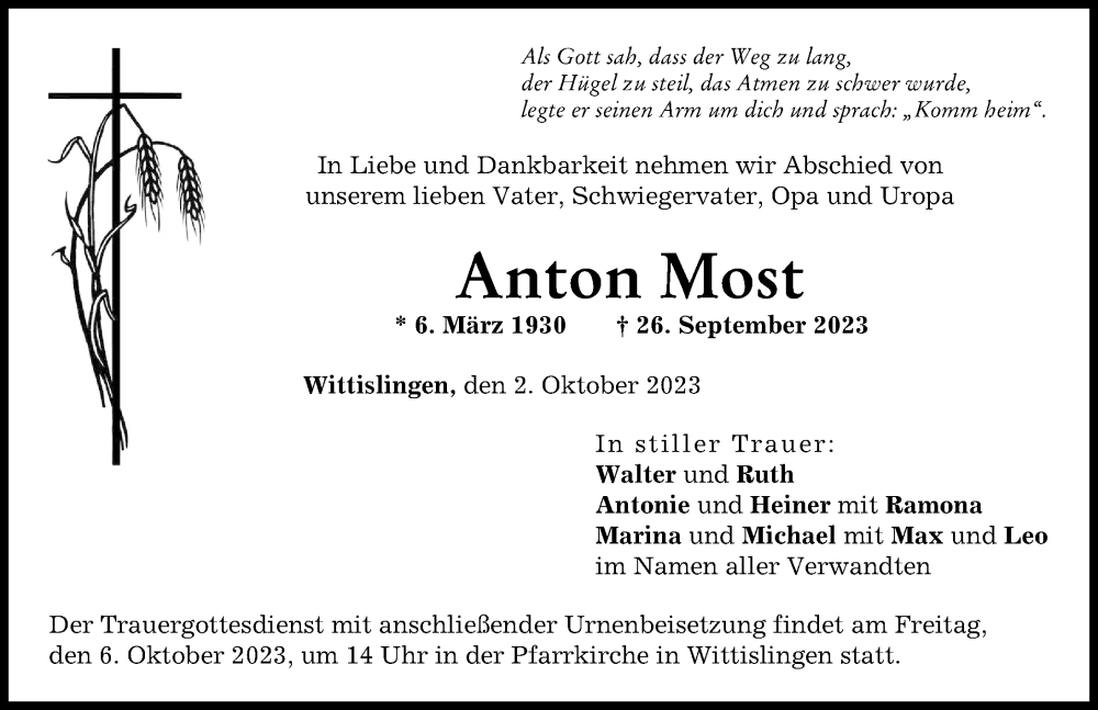  Traueranzeige für Anton Most vom 02.10.2023 aus Donau Zeitung