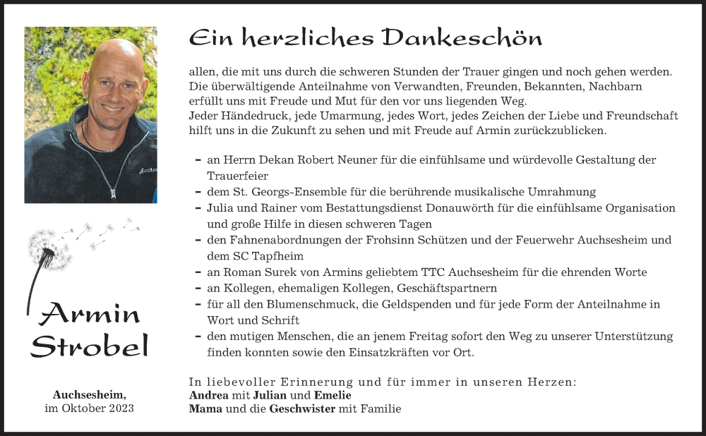  Traueranzeige für Armin Strobel vom 11.10.2023 aus Donauwörther Zeitung