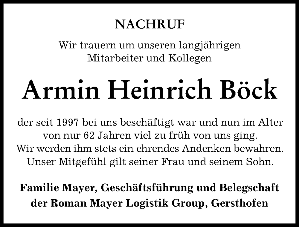 Traueranzeigen Von Armin Heinrich Böck | Augsburger Allgemeine Zeitung