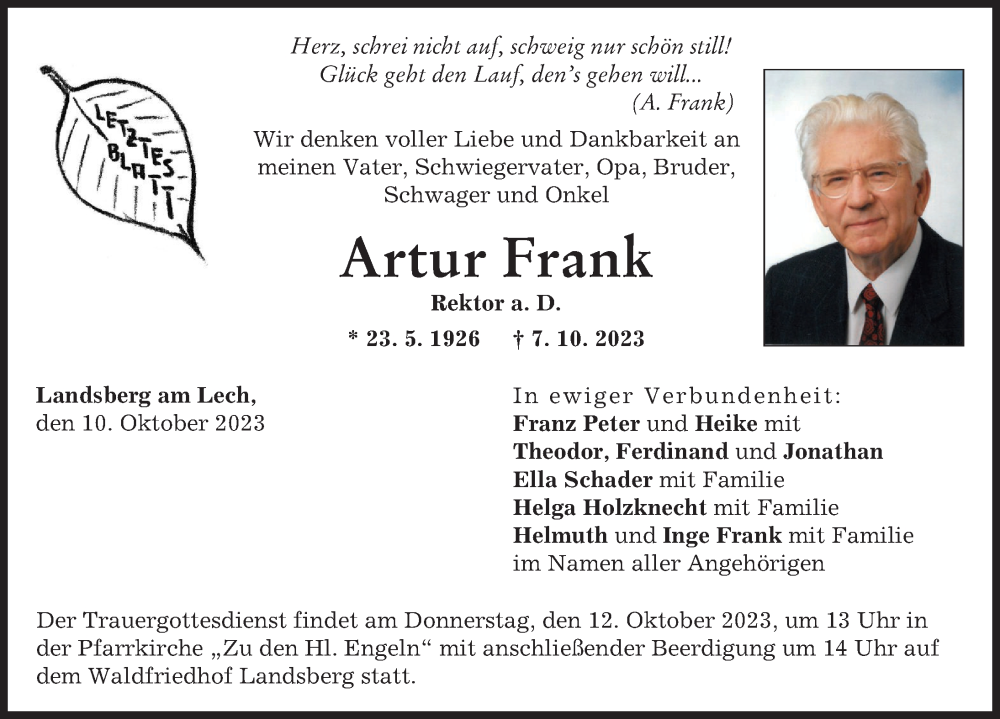  Traueranzeige für Artur Frank vom 10.10.2023 aus Illertisser Zeitung