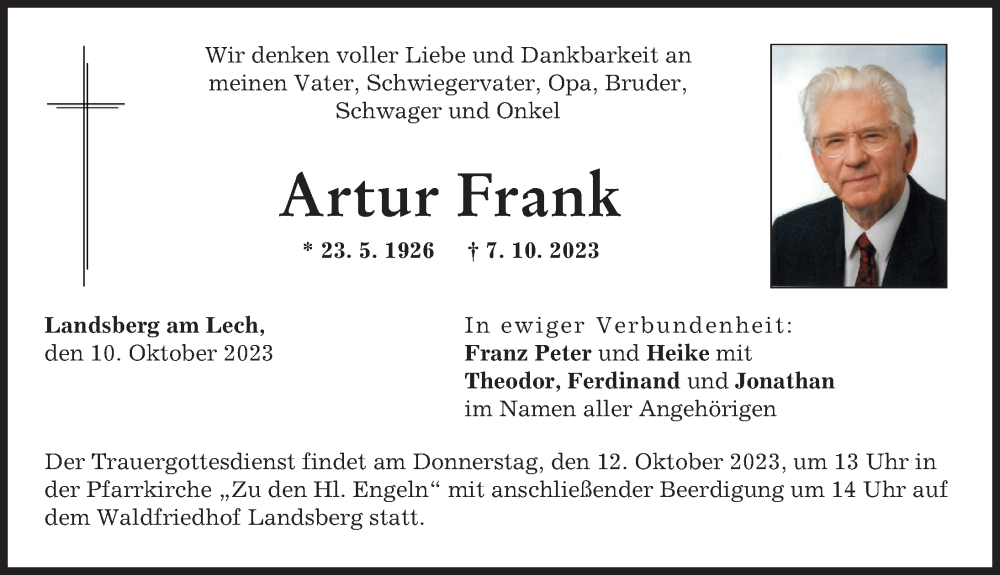 Traueranzeige von Artur Frank von Landsberger Tagblatt