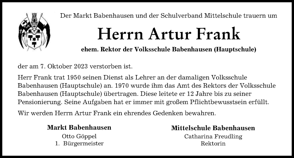 Traueranzeige von Artur Frank von Illertisser Zeitung