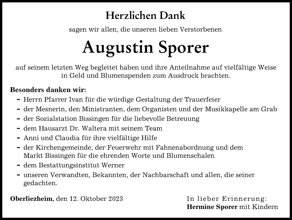  Traueranzeige für Augustin Sporer vom 12.10.2023 aus Donau Zeitung
