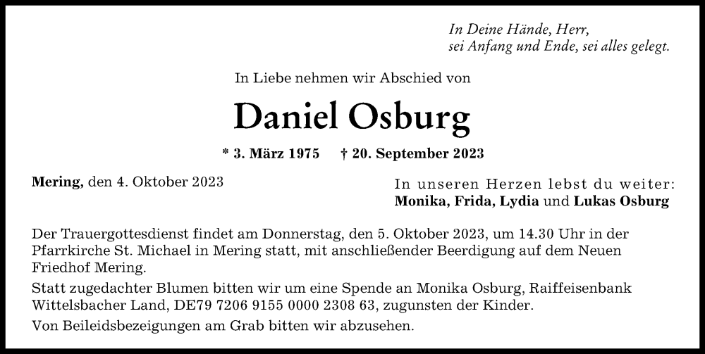 Traueranzeige für Daniel Osburg vom 30.09.2023 aus Landsberger Tagblatt, Schwabmünchner Allgemeine, Friedberger Allgemeine