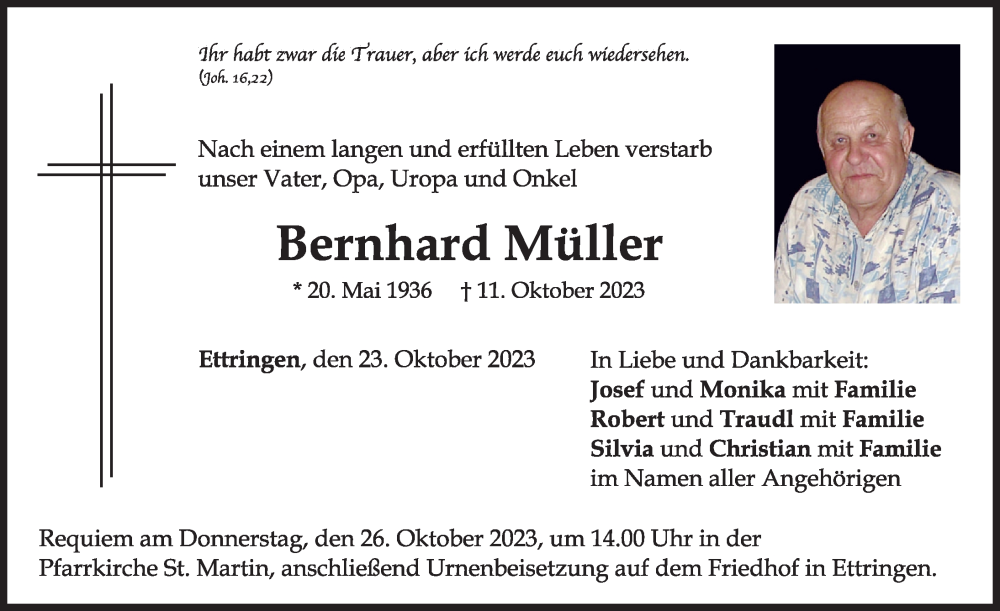 Traueranzeige von Bernhard Müller von Mindelheimer Zeitung