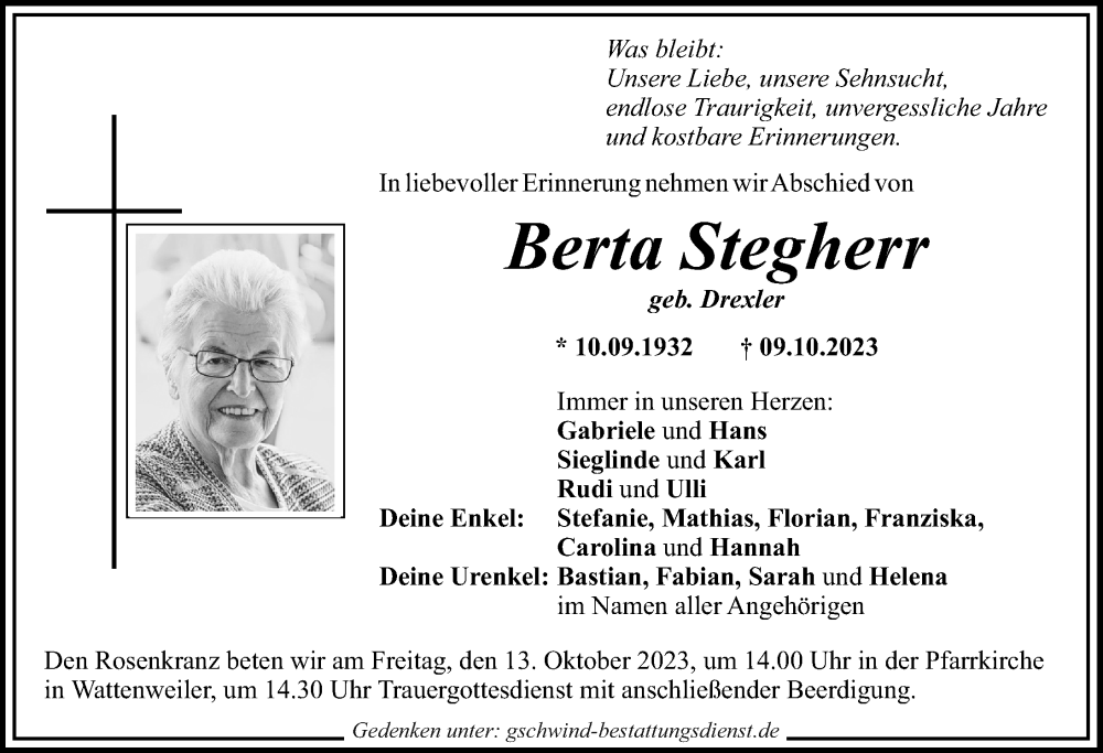 Traueranzeigen von Berta Stegherr | Augsburger Allgemeine Zeitung