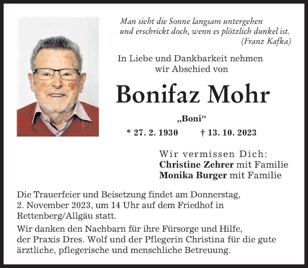 Traueranzeige von Bonifaz Mohr von Günzburger Zeitung