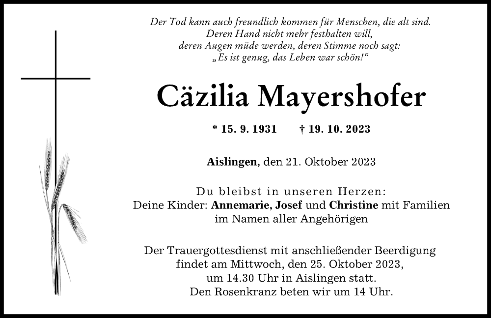 Traueranzeige von Cäzilia Mayershofer von Donau Zeitung