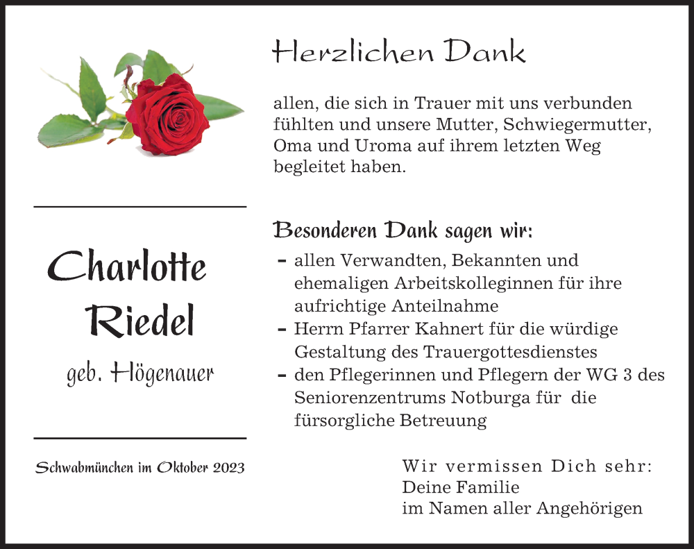 Traueranzeige von Charlotte Riedel von Augsburger Allgemeine, Landsberger Tagblatt