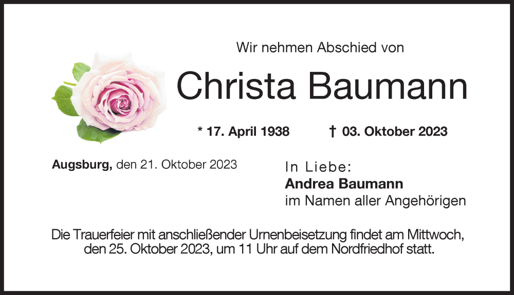 Traueranzeige von Christa Baumann von Augsburger Allgemeine