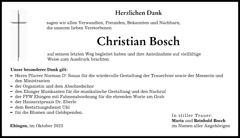  Traueranzeige für Christian Bosch vom 06.10.2023 aus Augsburg-Land