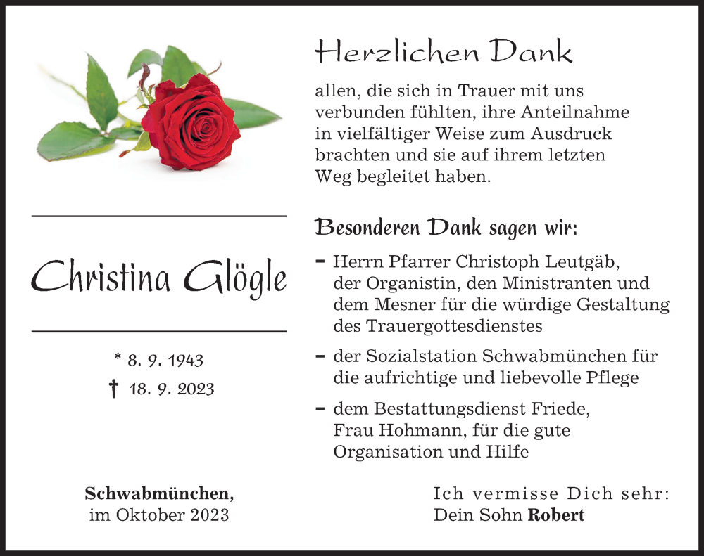  Traueranzeige für Christina Glögle vom 07.10.2023 aus Schwabmünchner Allgemeine