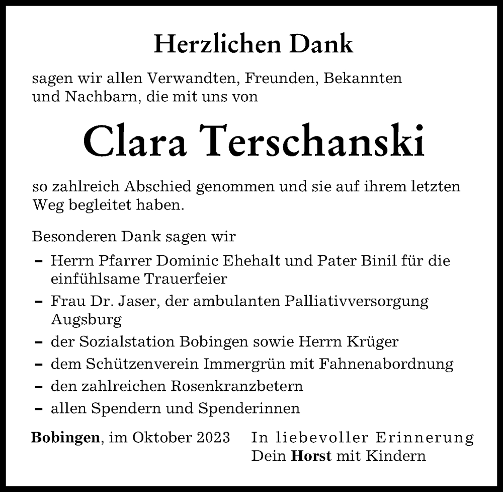 Traueranzeige von Clara Terschanski von Schwabmünchner Allgemeine