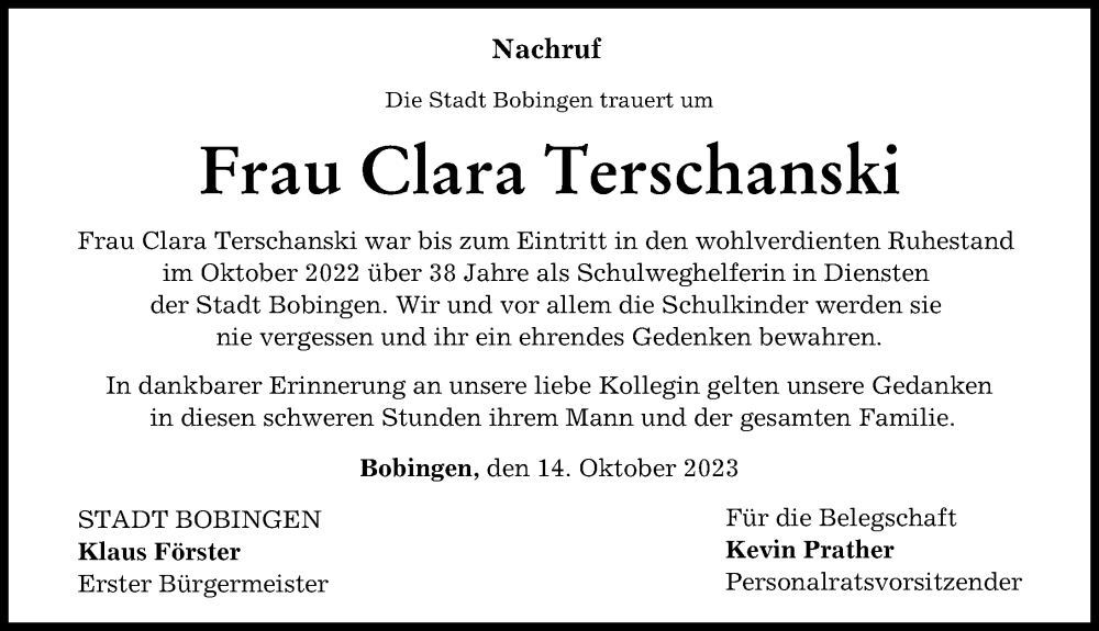 Traueranzeige von Clara Terschanski von Schwabmünchner Allgemeine
