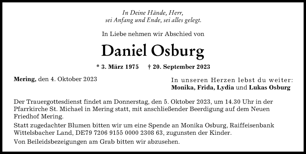  Traueranzeige für Daniel Osburg vom 04.10.2023 aus Landsberger Tagblatt, Schwabmünchner Allgemeine, Friedberger Allgemeine