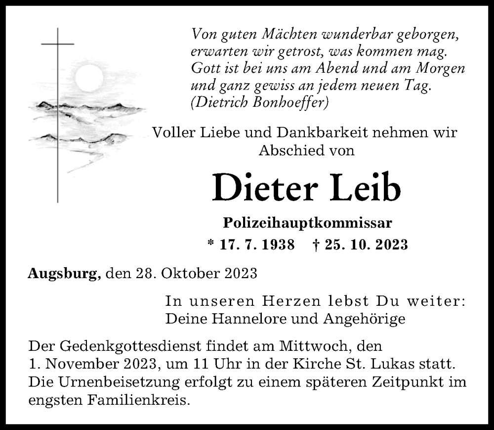 Traueranzeige von Dieter Leib von Augsburger Allgemeine