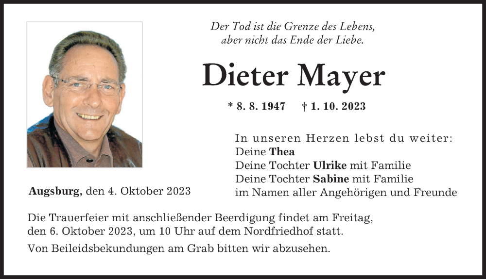 Traueranzeige von Dieter Mayer von Augsburger Allgemeine