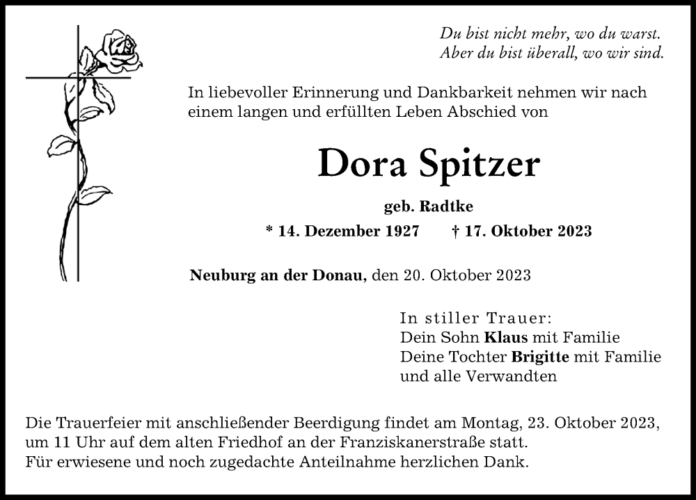 Traueranzeige von Dora Spitzer von Neuburger Rundschau