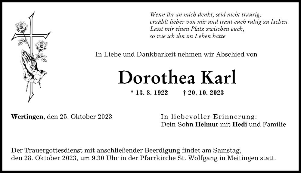 Traueranzeige von Dorothea Karl von Wertinger Zeitung, Augsburg-Land