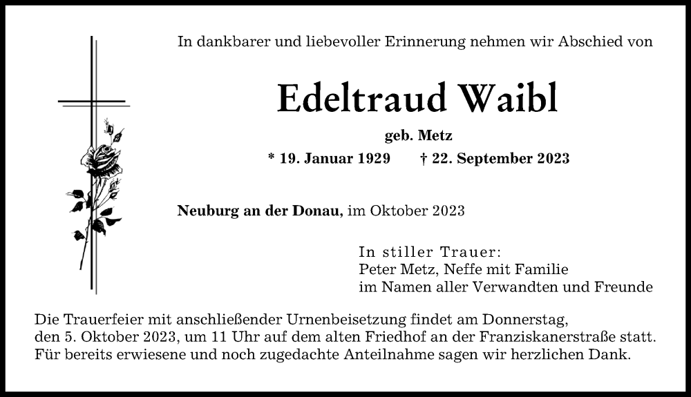  Traueranzeige für Edeltraud Waibl vom 02.10.2023 aus Neuburger Rundschau