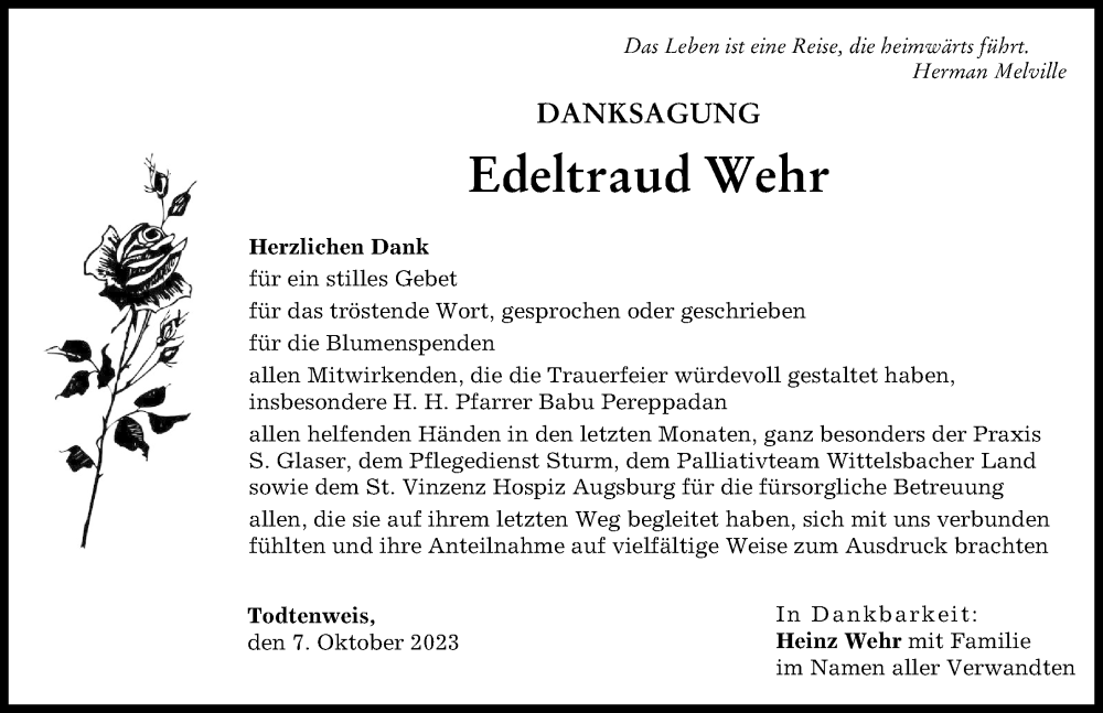  Traueranzeige für Edeltraud Wehr vom 07.10.2023 aus Aichacher Nachrichten, Augsburger Allgemeine