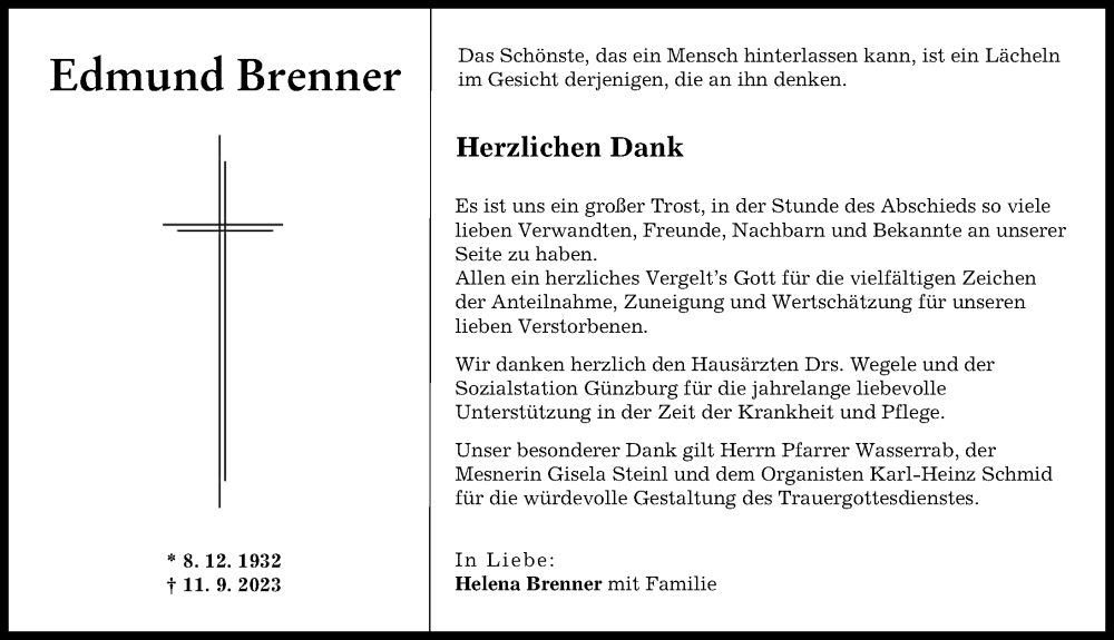  Traueranzeige für Edmund Brenner vom 07.10.2023 aus Günzburger Zeitung