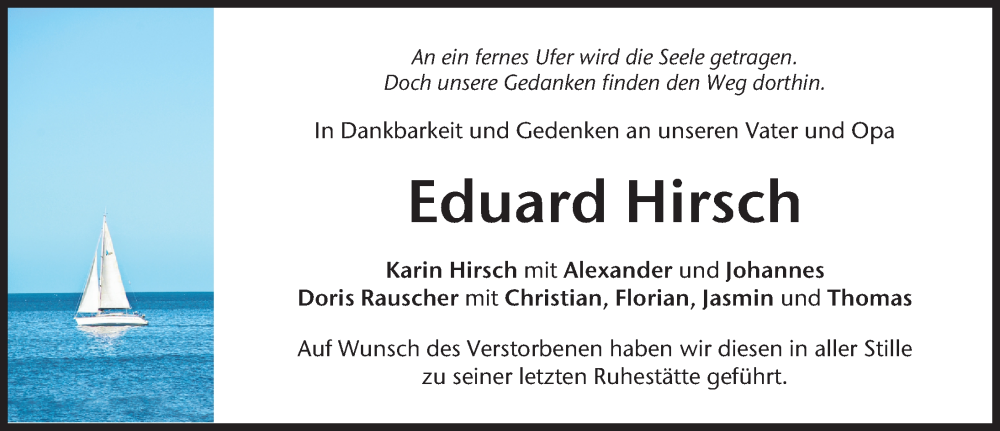 Traueranzeige von Eduard Hirsch von Donau Zeitung