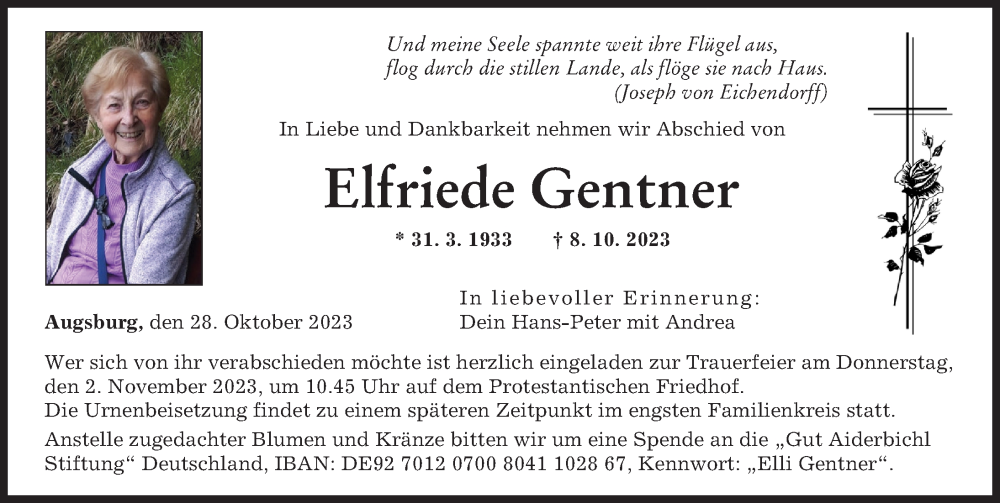 Traueranzeige von Elfriede Gentner von Augsburger Allgemeine