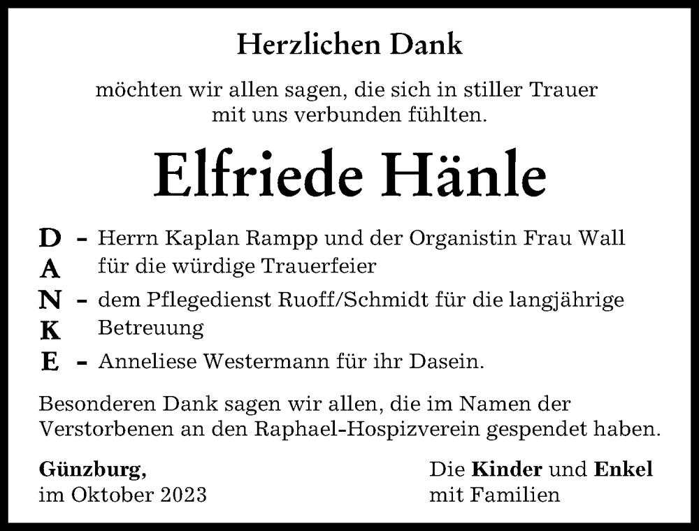  Traueranzeige für Elfriede Hänle vom 17.10.2023 aus Günzburger Zeitung