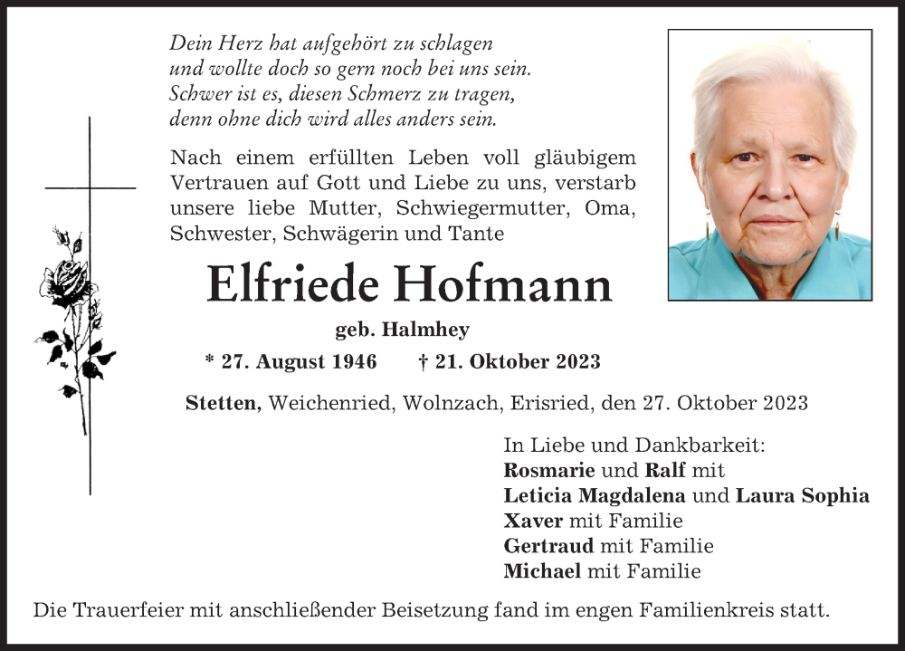 Traueranzeige von Elfriede Hofmann von Mindelheimer Zeitung