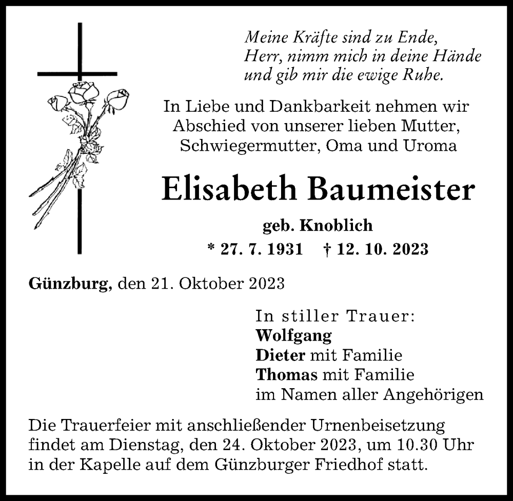 Traueranzeige von Elisabeth Baumeister von Günzburger Zeitung