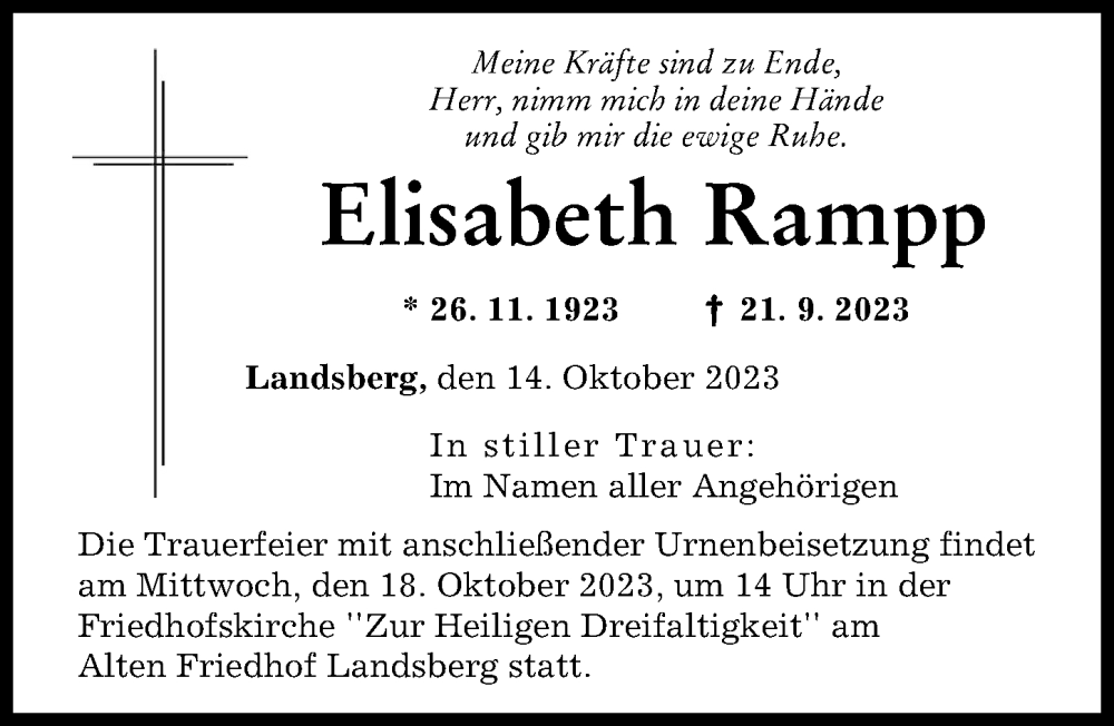 Traueranzeige von Elisabeth Rampp von Landsberger Tagblatt