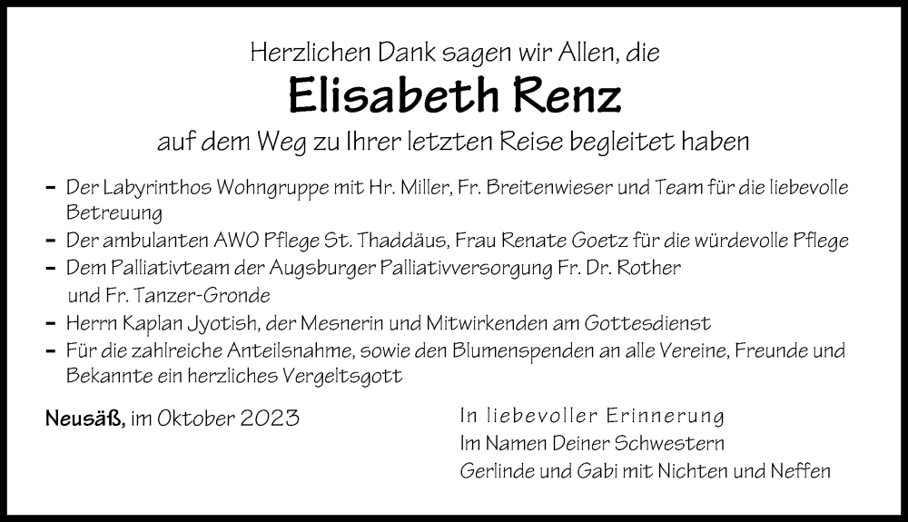  Traueranzeige für Elisabeth Renz vom 14.10.2023 aus Augsburger Allgemeine