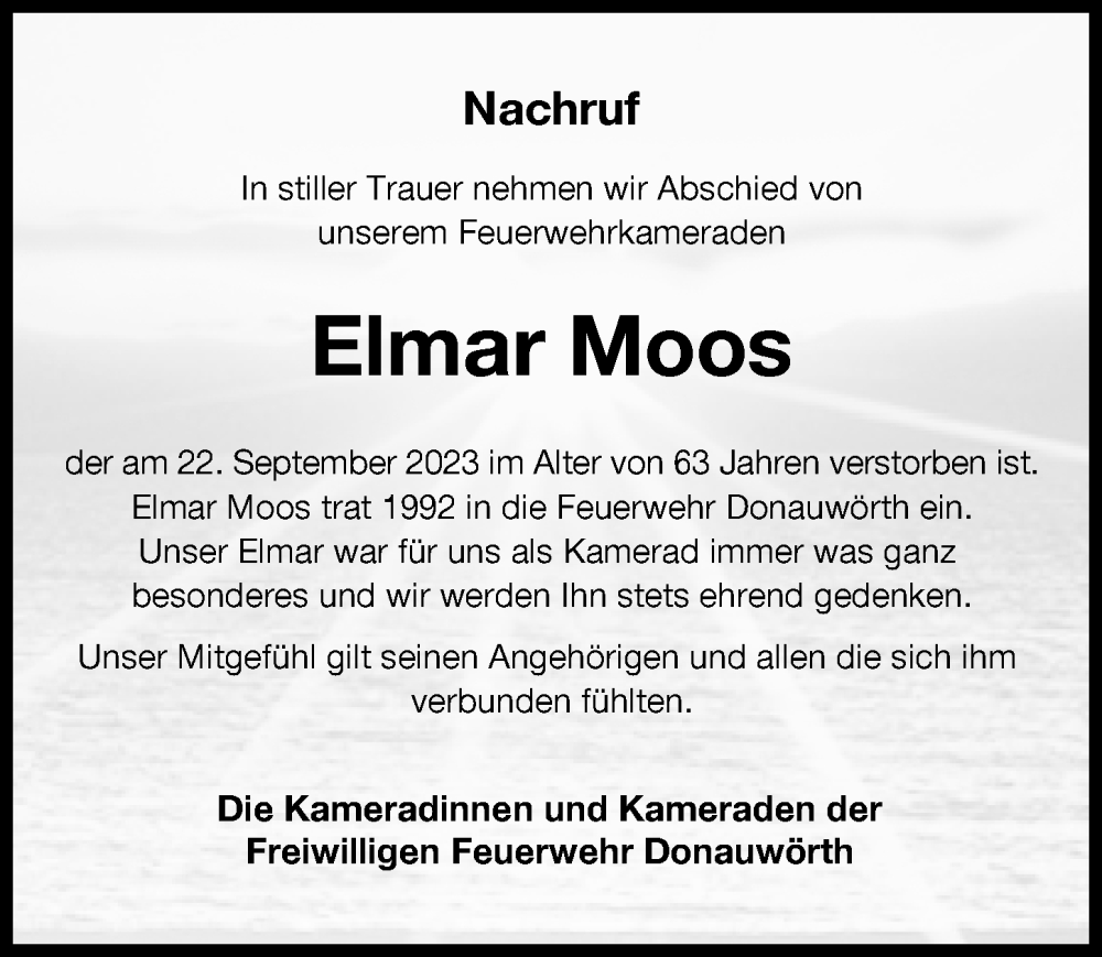 Traueranzeige von Elmar Moos von Donauwörther Zeitung