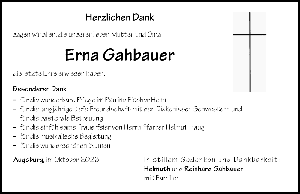  Traueranzeige für Erna Gahbauer vom 07.10.2023 aus Augsburger Allgemeine