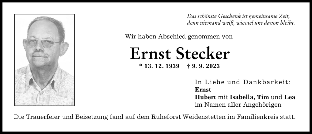 Traueranzeige von Ernst Stecker von Günzburger Zeitung