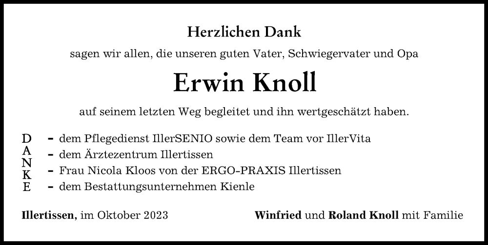  Traueranzeige für Erwin Knoll vom 20.10.2023 aus Illertisser Zeitung