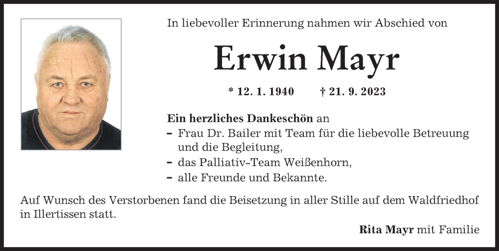 Traueranzeige von Erwin Mayr von Illertisser Zeitung