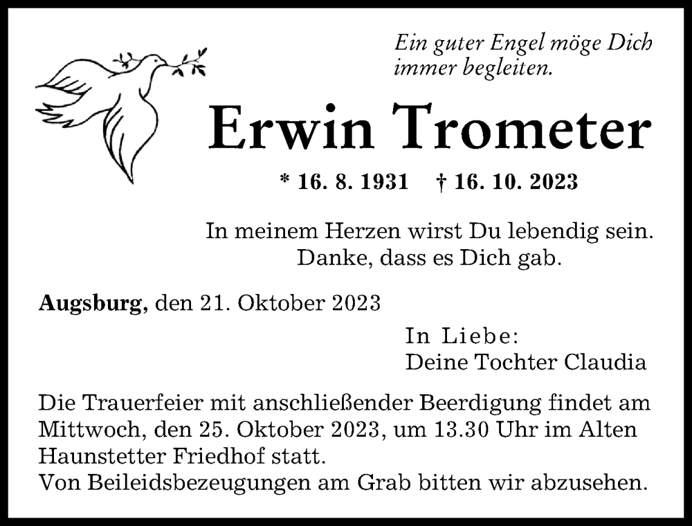 Traueranzeige von Erwin Trometer von Augsburger Allgemeine