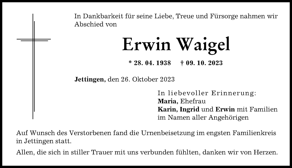 Traueranzeige von Erwin Waigel von Günzburger Zeitung