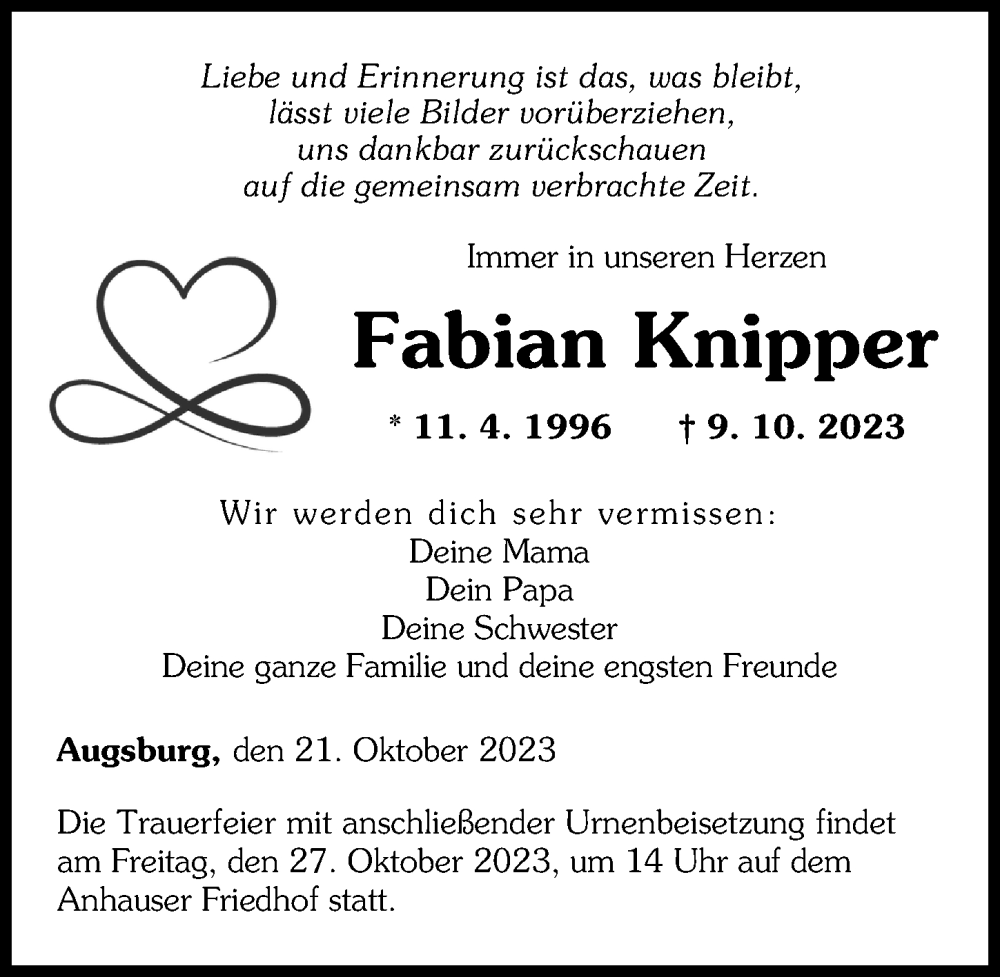 Traueranzeige von Fabian Knipper von Augsburger Allgemeine