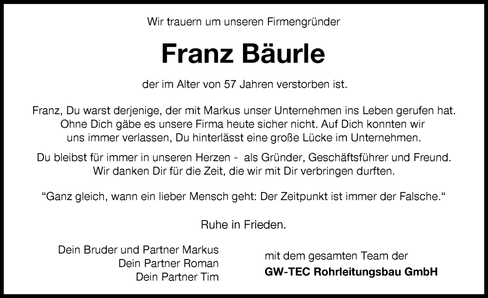  Traueranzeige für Franz Bäurle vom 31.10.2023 aus Augsburger Allgemeine