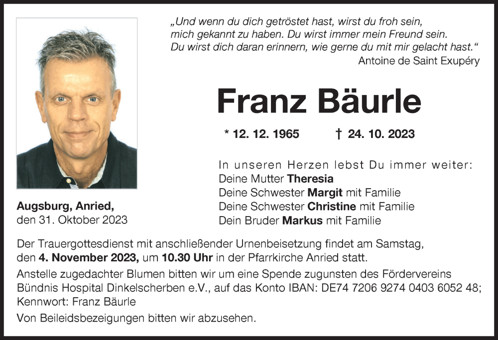  Traueranzeige für Franz Bäurle vom 31.10.2023 aus Augsburger Allgemeine