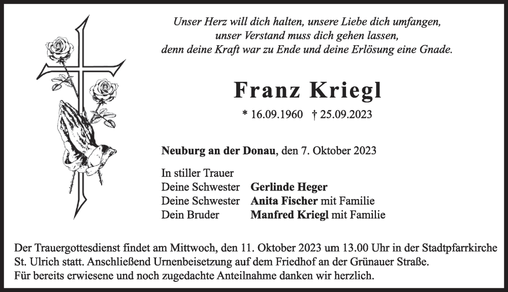 Traueranzeige von Franz Kriegl von Neuburger Rundschau