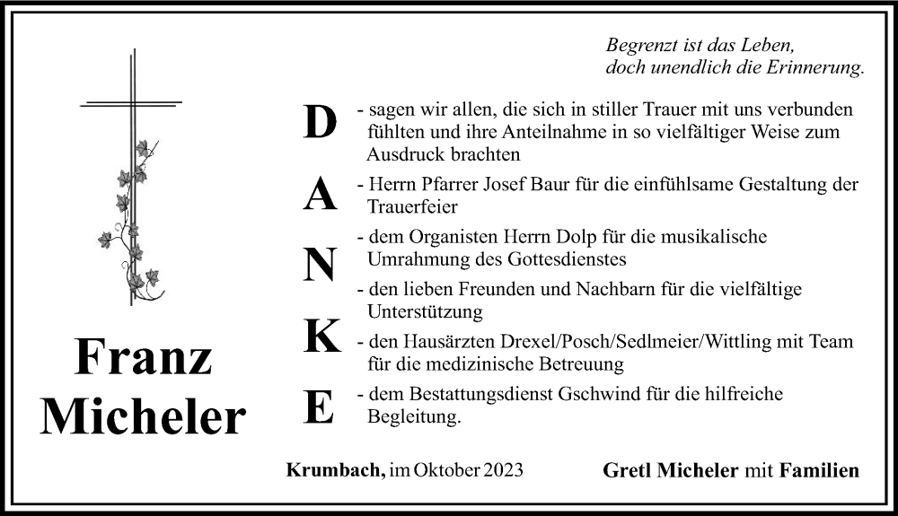  Traueranzeige für Franz Micheler vom 10.10.2023 aus Mittelschwäbische Nachrichten