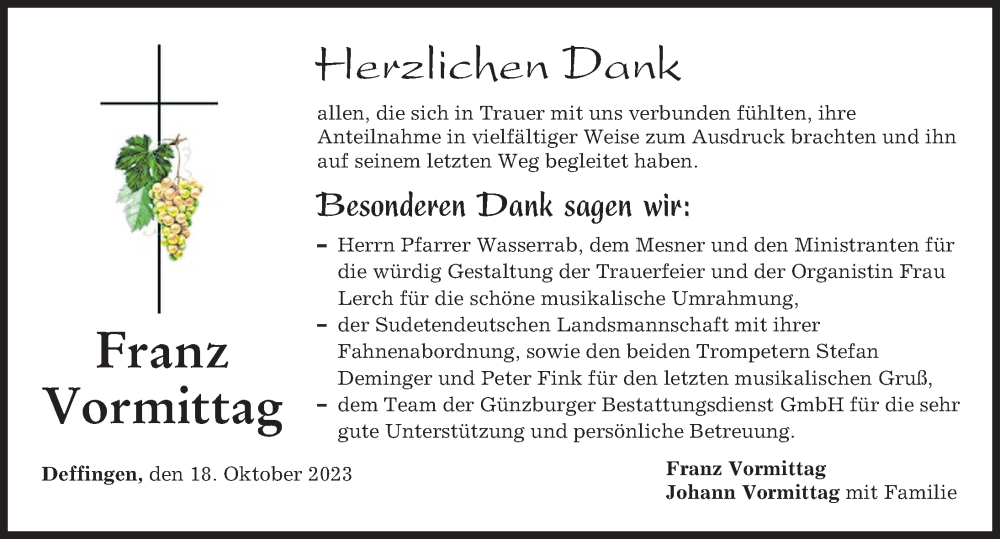 Traueranzeige von Franz Vormittag von Günzburger Zeitung