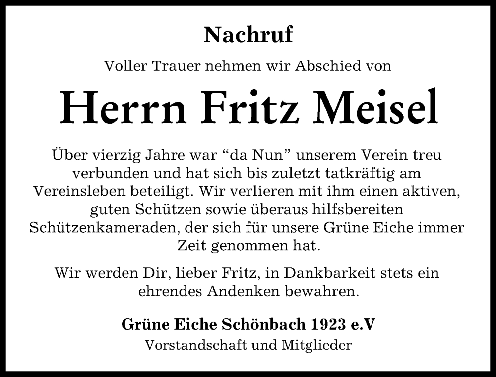  Traueranzeige für Fritz Meisel vom 04.10.2023 aus Aichacher Nachrichten