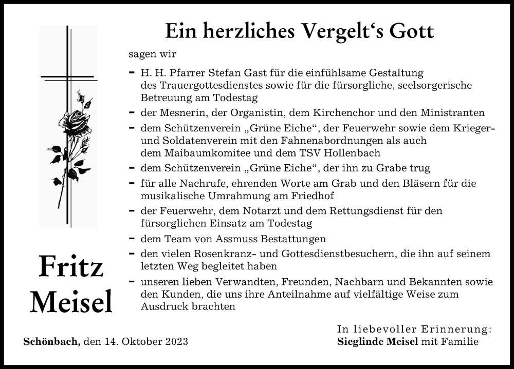  Traueranzeige für Fritz Meisel vom 14.10.2023 aus Aichacher Nachrichten
